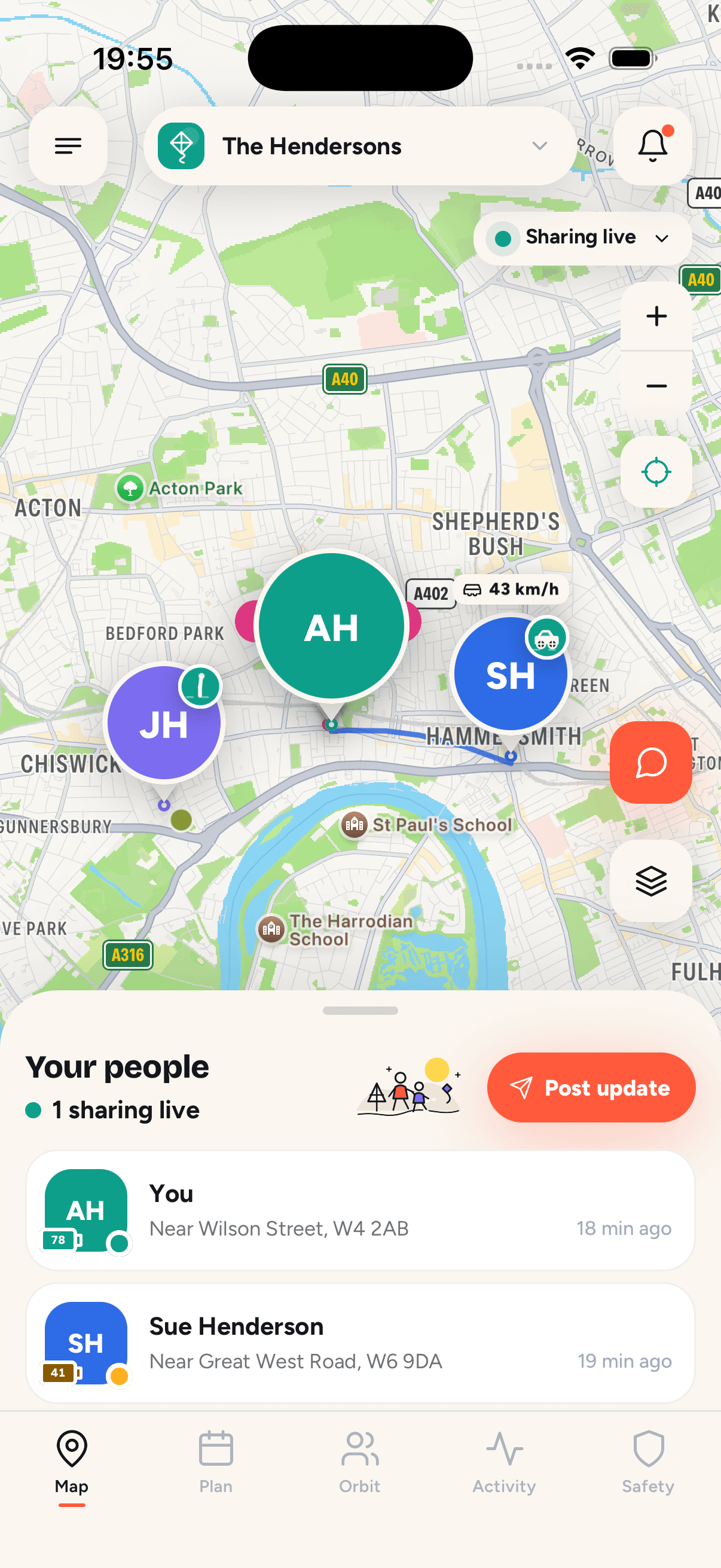OrbilyLive Map tab showing family locations and sharing controls